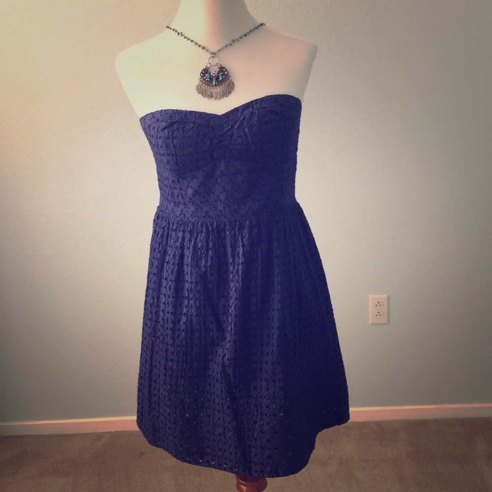 American Eagle Outfitters Navy Strapless Eyelet Fit-and-Flare Dress